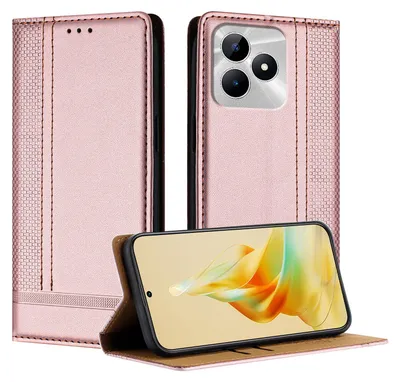 A pink flip case for a smartphone is displayed, with the phone inside and its screen showing an abstract image. The case is shown in both closed and open positions, with the phone visible in the open position.