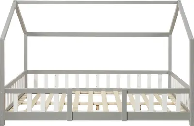 Produktbild von Kinderbett ’Sisimiut’ in Haus-Optik mit Rausfallschutz Kiefernholz 120 x 200 cm Hellgrau / Weiß