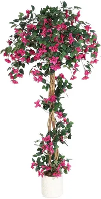 Produktbild von Kunstliche Bougainvillea Pflanze – 183 cm – Realistischer Kunstbaum für Innen & Außen – Mit weißem Topf – Rosa Blüten