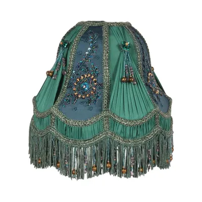 Image de Abat-jour de style victorien, diamètre 26 cm, en tissu bleu paon avec broderies florales baroques