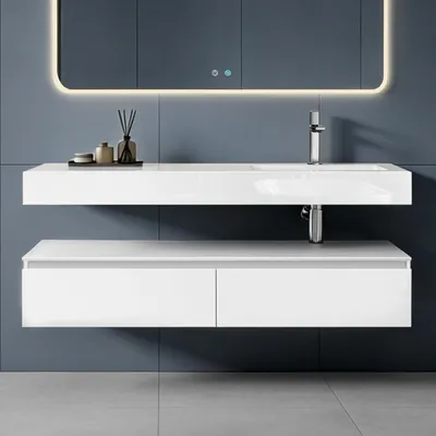 Image de doporro Meuble de Salle de Bain Blanc Mat Ensemble de 2 Pièces Meuble avec Lavabo 150cm Design Up avec 2 Grands Tiroirs