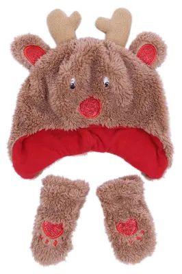 Produktbild von Warmes Winter-Set für Kinder, Plüschmütze + Handschuhe, Rentier 0-6 Monate
