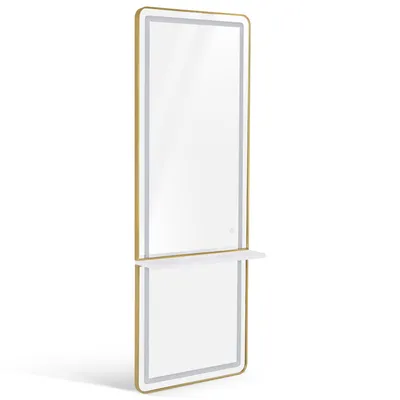 Produktbild von Wandspiegel mit Beleuchtung, Ganzkörperspiegel mit Aluminiumrahmen, Großer Spiegel mit Ablage, Touch-Schalter, 3 Lichtfarben Dimmbar, J6271, Weiß-Gold
