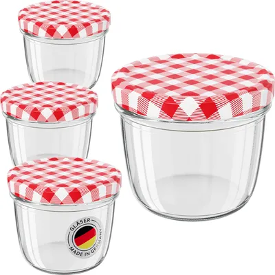 Produktbild von WELLGRO 24 x 230 ml Einmachgläser mit Schraubdeckel TO 82 – rot kariert - Luftdichte Rundgläser ideal zum Einkochen und Aufbewahren
