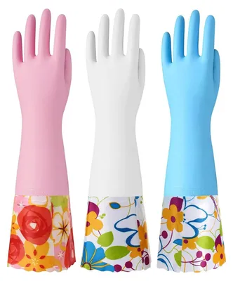 Produktbild von 3 Paar Gummi-Reinigungshandschuhe, Geschirrspülhandschuhe für den Haushalt und die Küche mit beflocktem Baumwollfutter, lange Stulpe 16 Zoll, wiederverwendbar, rutschfest (Mittel, Blau+Rosa+Weiß)