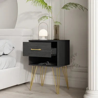 Produktbild von FUFU&GAGA Nachttisch, Couchtisch, MDF Metall, Schwarz, quadratisch, mit 1 offenem Staufach, für Schlafzimmer & Wohnzimmer, BxHxT 0.4x0.6x0.3m