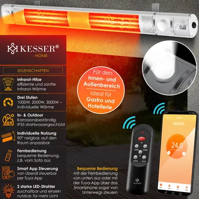 Immagine prodotto di Riscaldatore a infrarossi KESSER® 3000 W IR-Gastro-Bar con luce LED, riscaldatore da terrazza con WiFi e telecomando, custodia protettiva inclusa; riscaldatore a infrarossi, riscaldatore al quarzo, riscaldatore da terrazza, riscaldatore da parete