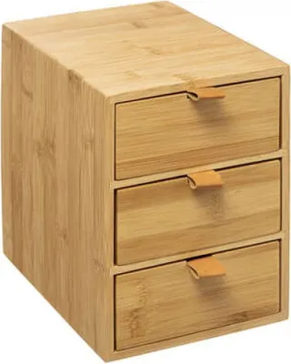 Produktbild von Schreibtisch Büro Organizer JOGGY 3 Schubladen Box mit Kunstlederlasche Schmuckkasten Schmuckbox Schubladenbox aus 100% Bambus Holz