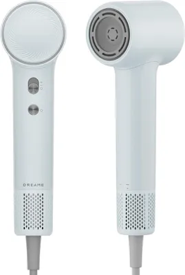 Two views of a white Dreame mini high-power hair dryer against a white background.