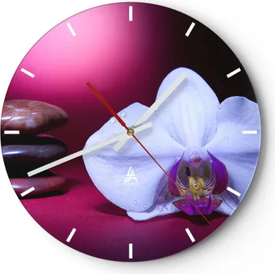 Produktbild von Wanduhr - Rund - Glasuhr - Spa braune Steine weiße Orchidee - 30x30cm - Schleichendes Uhrwerk - Lautlos - zum Aufhängen bereit - Dekoration Modern - Wanddekoration aus Glas - C3AR30x30-0425