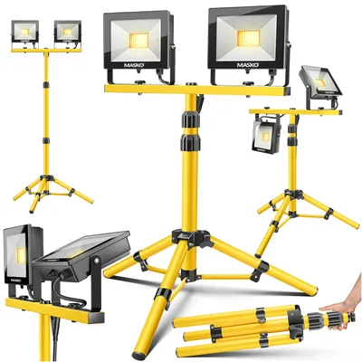 Produktbild von MASKO® LED Baustrahler mit Stativ Fernbedienung 100W Doppel 2x 50W Strahler 6500K Arbeitsleuchte Arbeitsscheinwerfer 5m Bauscheinwerfer Baustellenlampe innen außen höhenverstellbar bis max. 202cm