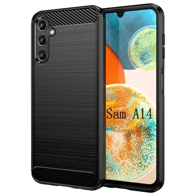 A black carbon fiber phone case is shown next to a smartphone displaying a colorful abstract image and text.
