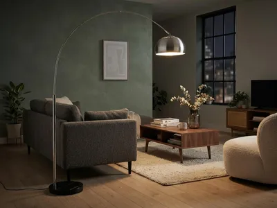 Produktbild von Große Bogenlampe Silber, Höhe 200cm inkl. E27 LED für Wohnzimmer & Esstisch