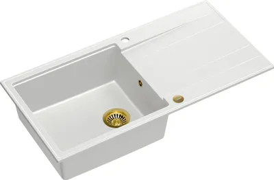 Obrázok produktu pre Kuchynský drez QUADRON s 1 misou | Rozmery: 100 x 50 x 21 cm | EVAN 146 | Kuchynský drez GraniteQ granitový drez so sifónom | Biela a zlatá