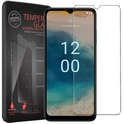 A product package for a phone screen protector is shown next to a phone displaying the time.