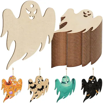 24 Halloween-Geister Holzornamente, DIY-Bastelset zum Bemalen
