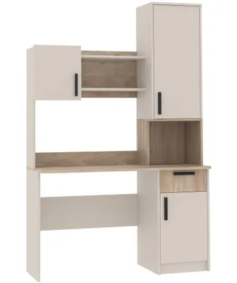 A product shot of a desk with shelves and cabinets.