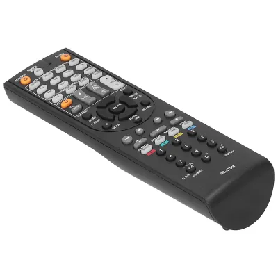A black remote control is shown from a diagonal angle against a white background.