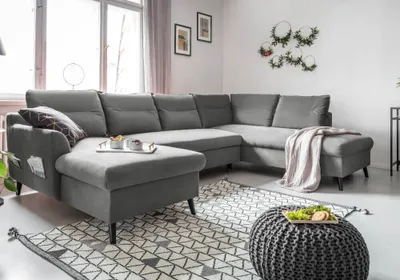 Produktbild von MIUFORM Stylish Stan - Ecksofa mit Bettfunktion und Bettkasten U-FORM RECHTS - 300x198cm - Velours Grau - Sofa Schlafsofa Couch