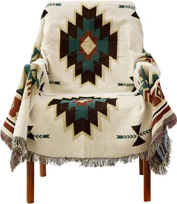 Obrázek produktu pro Boho deka s třásněmi, 90 x 90 cm tkaný přehoz v americkém etnickém stylu, geometrická pletená deka, žakárové střapce, dekorace do domácnosti, kanceláře, cestování, kempování