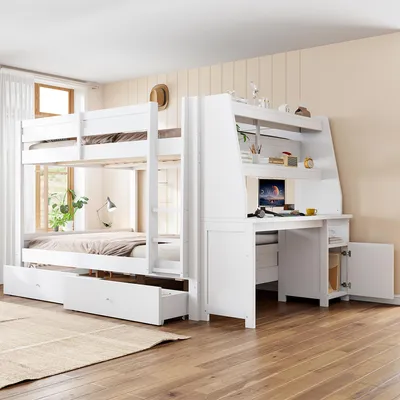 Obrázek produktu pro Dvoulůžko 140 x 200 cm se skříní na úložný prostor, palanda se stolem, policemi a zásuvkami, bezpečnostní zábradlí, žebřík, rošt, bílá barva