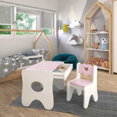 Produktbild von Happy Babies - Kinder-Schreibtisch mit 1 Stuhl – Ergonomischer Spieltisch mit Stauraum – Ergonomischer Spiel Lerntisch Jungen & Mädchen – Kindermöbel