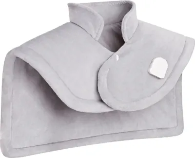 A light gray shoulder and neck heating pad is shown against a white background.
