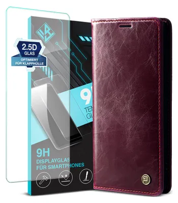 Produktbild von Handyhülle für Samsung Galaxy A36 5G mit 9H Displayglas Kunstleder Klapphülle Vintage Cover Hülle RFID Schutz Case Kartenfach Farbe: Weinrot