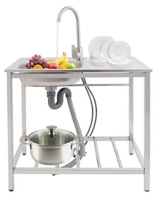 Produktbild von Freistehend Edelstahl Waschbecken, Gewerbliche Spülbecken Edelstahl, 1 Becken Küchenspüle Spüle, Spültisch, mit Wasserhahn, Unterschrank, für Küche, Restaurant, Camping, 80x55x84cm