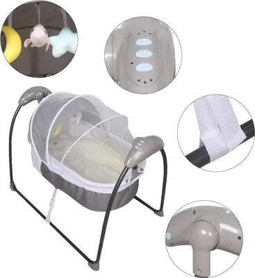 Immagine prodotto di Altalena elettrica per bambini - Lettino/culla automatica - Con telecomando - Dondolo per neonati da 0 a 1 anno - Con zanzariera - Grigio