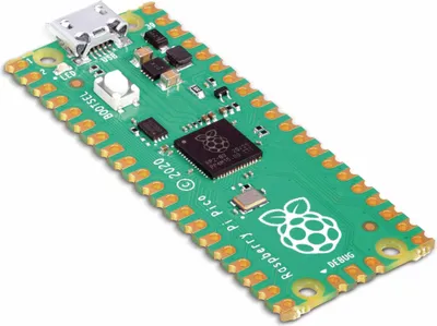 A Raspberry Pi Pico microcontroller board is shown against a white background.