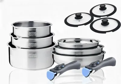 Image de Batterie de cuisine inox 11 pieces avec 2 manches amovibles et 3 couvercles en silicone Arthur Martin AM2700