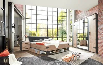 Produktbild von Schlafzimmer Komplett Set STOCKHOLM Bett Kleiderschrank 225cm graubraun Spiegel