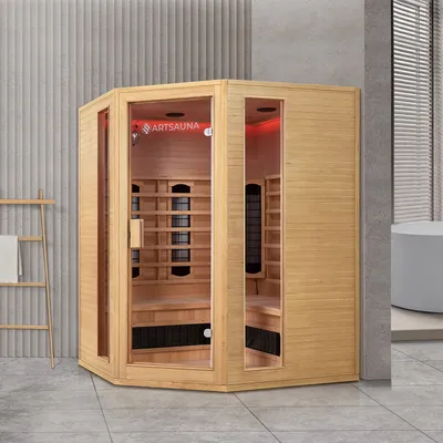 Produktbild von Artsauna Eck-Infrarotkabine Nyborg E150K - Infrarotsauna 150x150 cm mit Dual-Technologie & LED-Farblicht - bis zu 4 Personen - Wärmekabine aus Hemlock