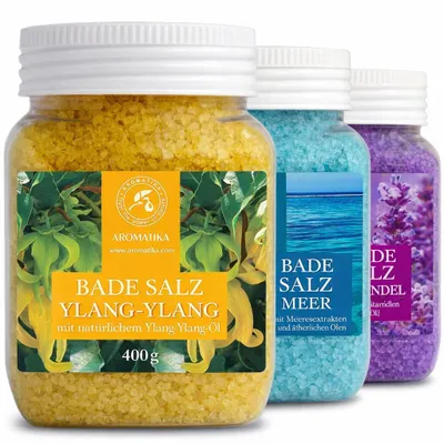 Produktbild von Badesalz Set mit 3x400g Badesalzen - Lavendel - Meeresbrise - Ylang-Ylang - Meersalz mit Natürlichem Ätherischen Öl - Für Guten Schlaf - Stressabbau
