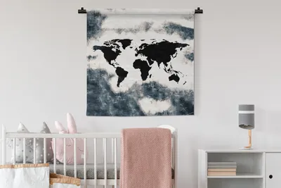 Produktbild von MuchoWow® Wandteppich Wandbehang Weltkarte - Holz - Schwarz 90x90 cm Tapisserie Dekoration Wandtuch - Wandaufhänger