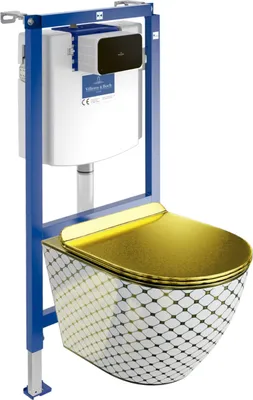 Produktbild von DOMINO | Villeroy&Boch ViConnect H112 Vorwandelement Unterputz WC mit Bedienplatte + Wand Hänge Tiefspül WC Sofi Slim Checked Gold Spülrandlos | Set |
