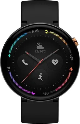 A close-up, front-facing view of a black smartwatch with a colorful circular display.