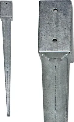 Two views of a metal ground spike, one full view and one close-up.