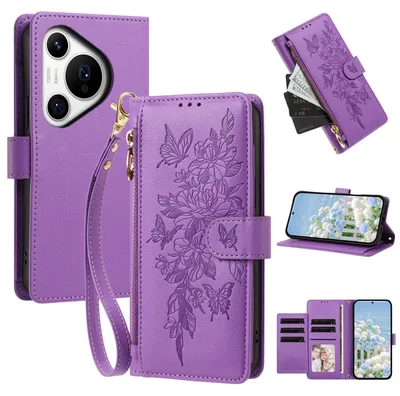 Produktbild von Handyhülle für Huawei Pura 70, Wallet Case Kunstleder mit Kartenfächern, Reißverschluss und Handschlaufe Lila