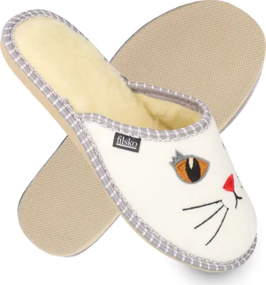 Produktbild von filsko® Litton - Filzpantoffeln Damen Katzengesicht leicht weiß/grau 34-42 EU