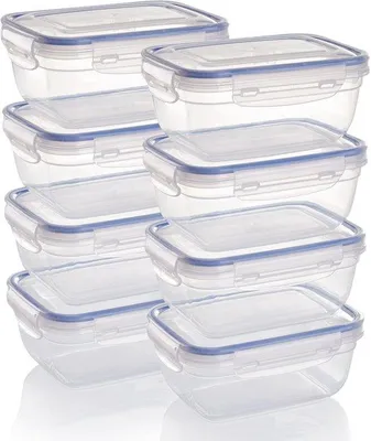 Produktbild von Ibenzoa® Frischhaltedosen 8er-Set – rechteckige, stapelbare Kunststoff-Aufbewahrungsdosen 800 ml, transparent, mit Silikondichtung & 4‑fach Klickdeckel, -25° bis +95°C