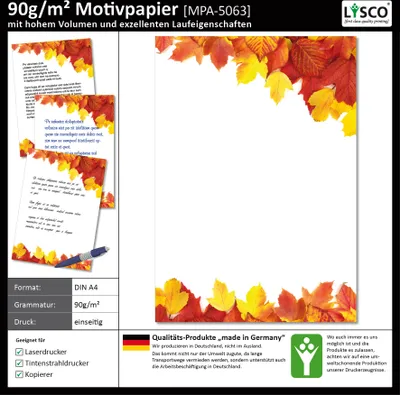 Produktbild von Motivpapier Briefpapier (Herbst-5063, DIN A4 25 Blatt) bunt gefärbte Herbst-Blätter in gelb-rot Ahorn- und Lindenblätter
