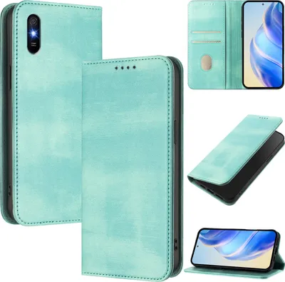 Image de Etui pour Xiaomi Redmi 9A, étui en cuir vintage avec protection RFID, fentes pour cartes, support Turquoise