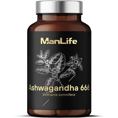Produktbild von Ashwagandha 666 mg hochdosiert - 90 vegane Kapseln - standardisierter Wurzelextrakt auf Withanolide - ManLife