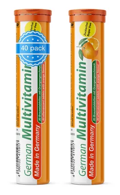 Produktbild von German Multivitamin Brausetabletten 2x20 Stk. Orangengeschmack - Vitamin C, E, B1, B2, B6, B12, Biotin, Folsäure, Niacin, Pantothensäure Zuckerfrei – T&D Pharma – Germany