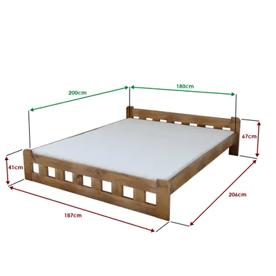 A wooden bed frame with a white mattress, shown with dimensions indicated by measurement lines and text.