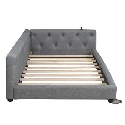 Produktbild von okwish Tagesbett 90x200 mit Lattenrost,Bettgestell mit LED-Lichtleisten und USB+Typ-c,Daybett Holzbett mit Knopftuft,Jugendbett mit Fernbedienung,Grau