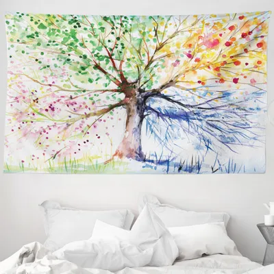 Produktbild von ABAKUHAUS Aquarell Wandteppich, 4 Jahreszeiten Bunte aus Weiches Mikrofaser Stoff Waschbar ohne Verblassen Digitaldruck, 230 x 140 cm, Mehrfarbig