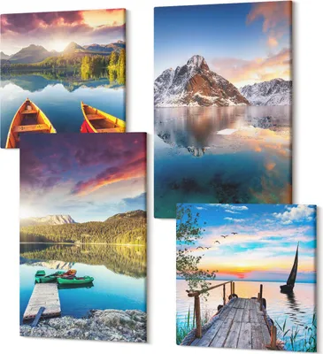 Produktbild von Leinwandbilder Mehrteilig 4-teilig – Modernes Design – Hochwertiger Polycanvas Kunstdruck – Wanddekoration & Wandkunst – Bilder für Zuhause – 2x 40x40 cm + 2x 40x60 cm – Ruhige Seen mit Bergkulisse und Boot